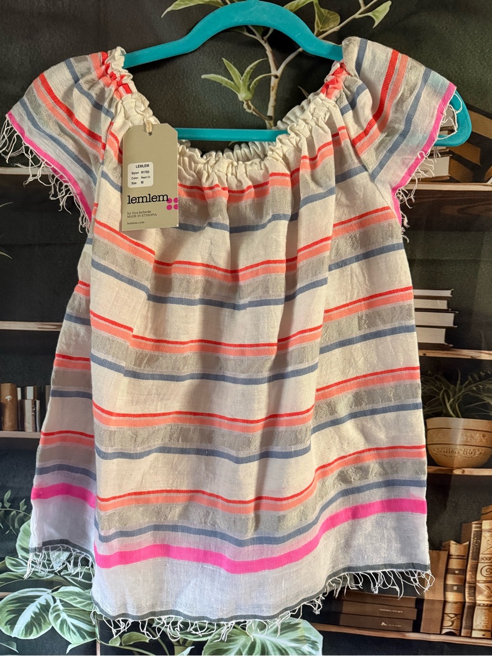 Lemlem White Tunic with Coral, Blue & Pink Stripes
